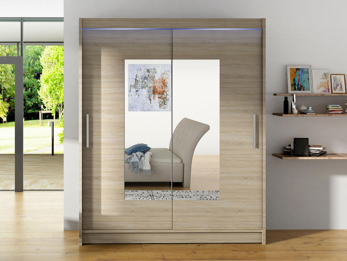 SCHWEBETÜRENSCHRANK Westa III, mit RGB LED Beleuchtung - Silberfarben/Sonoma Eiche, Holzwerkstoff/Metall (150/200/58cm) - MIRJAN24