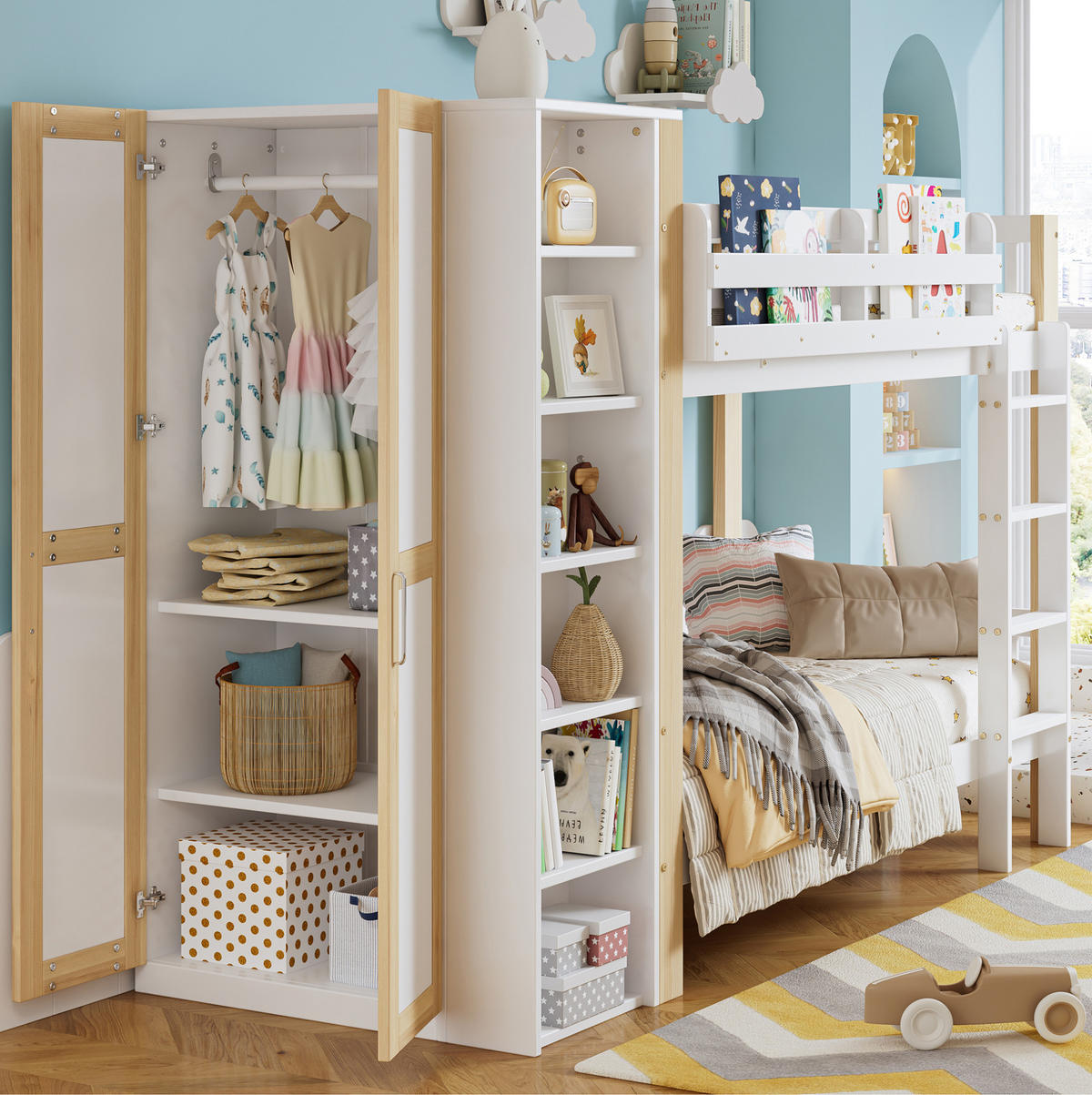 ETAGENBETT aus Kiefer und MDF 90x200 cm Weiß/Natur mit Kleiderschrank, 6 offenen Regalen und 4-stufiger Leiter - Weiß, Holzwerkstoff (90/200cm) - Modfu