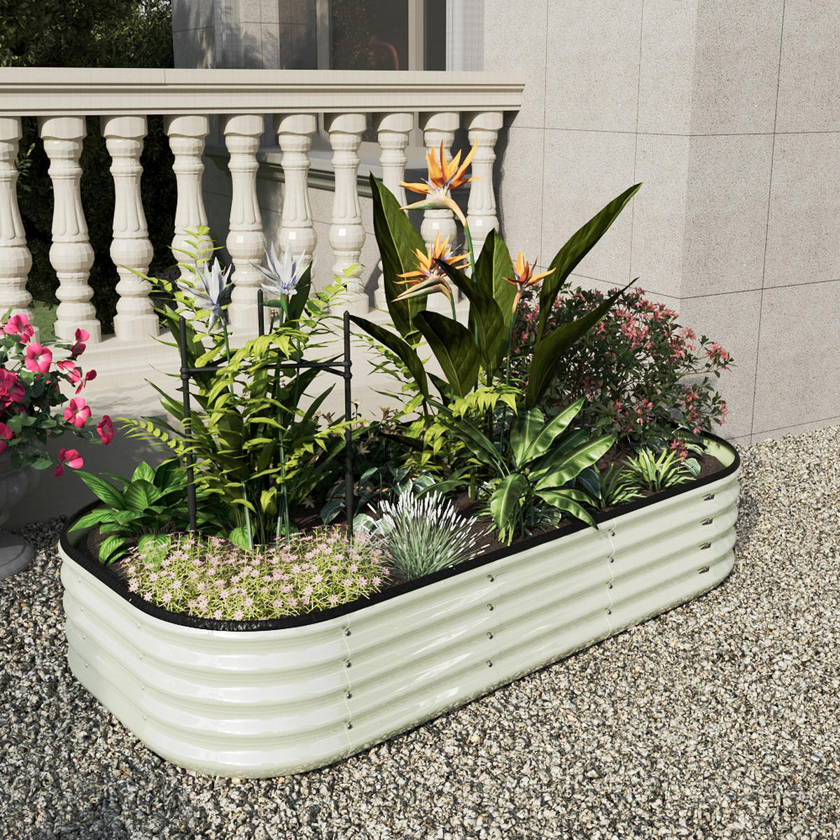 HOCHBEET Pflanzkasten aus verzinktem Stahl in Weiß Ovalen Blumenkasten für Garten und Balkon 160 × 80 × 30 cm - Weiß, Metall (80/30/160cm) - Livingandhome