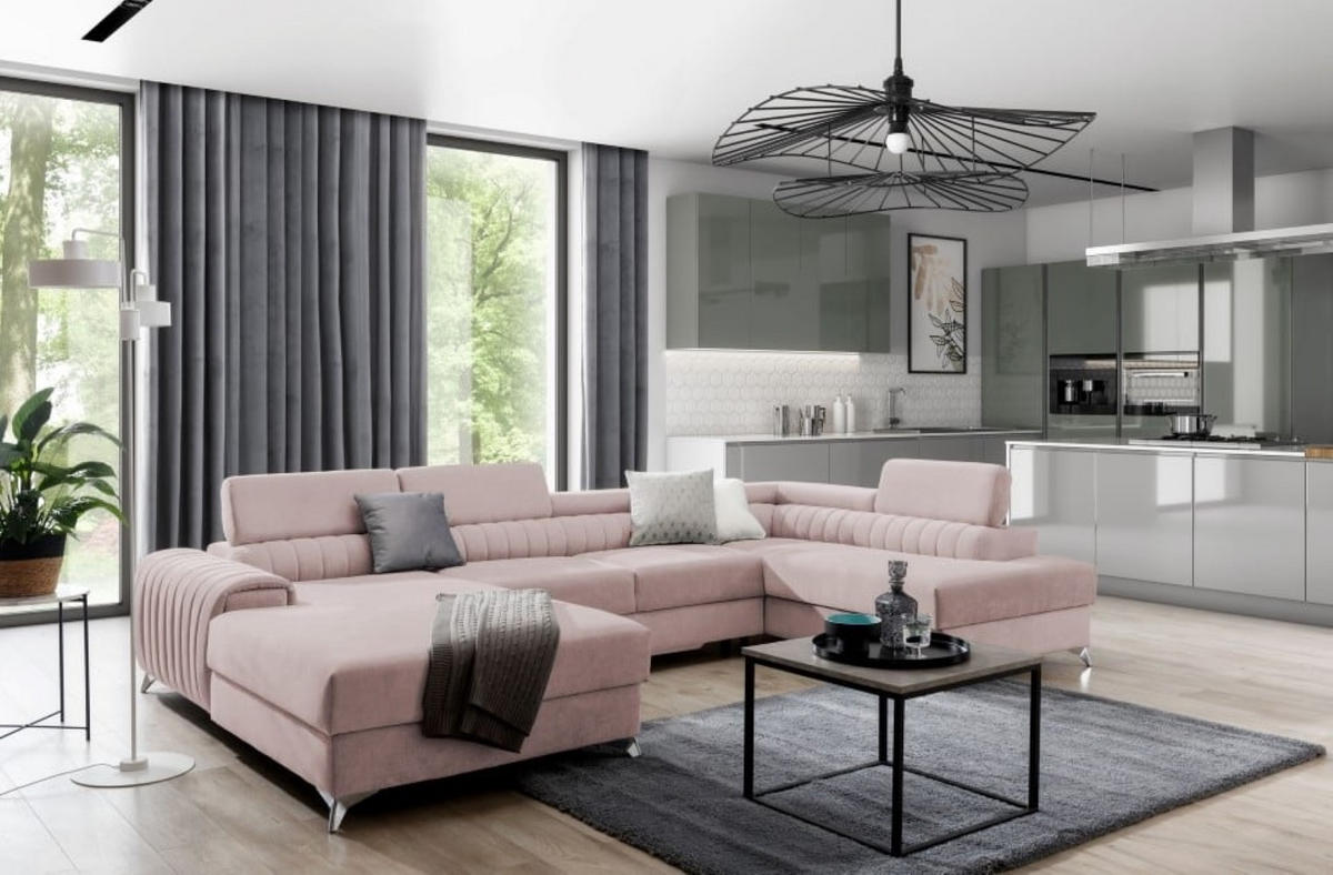 WOHNLANDSCHAFT mit Schlaffunktion und Bettkasten - Chromfarben/Rosa, Textil/Metall (202/92/354cm) - Eltap