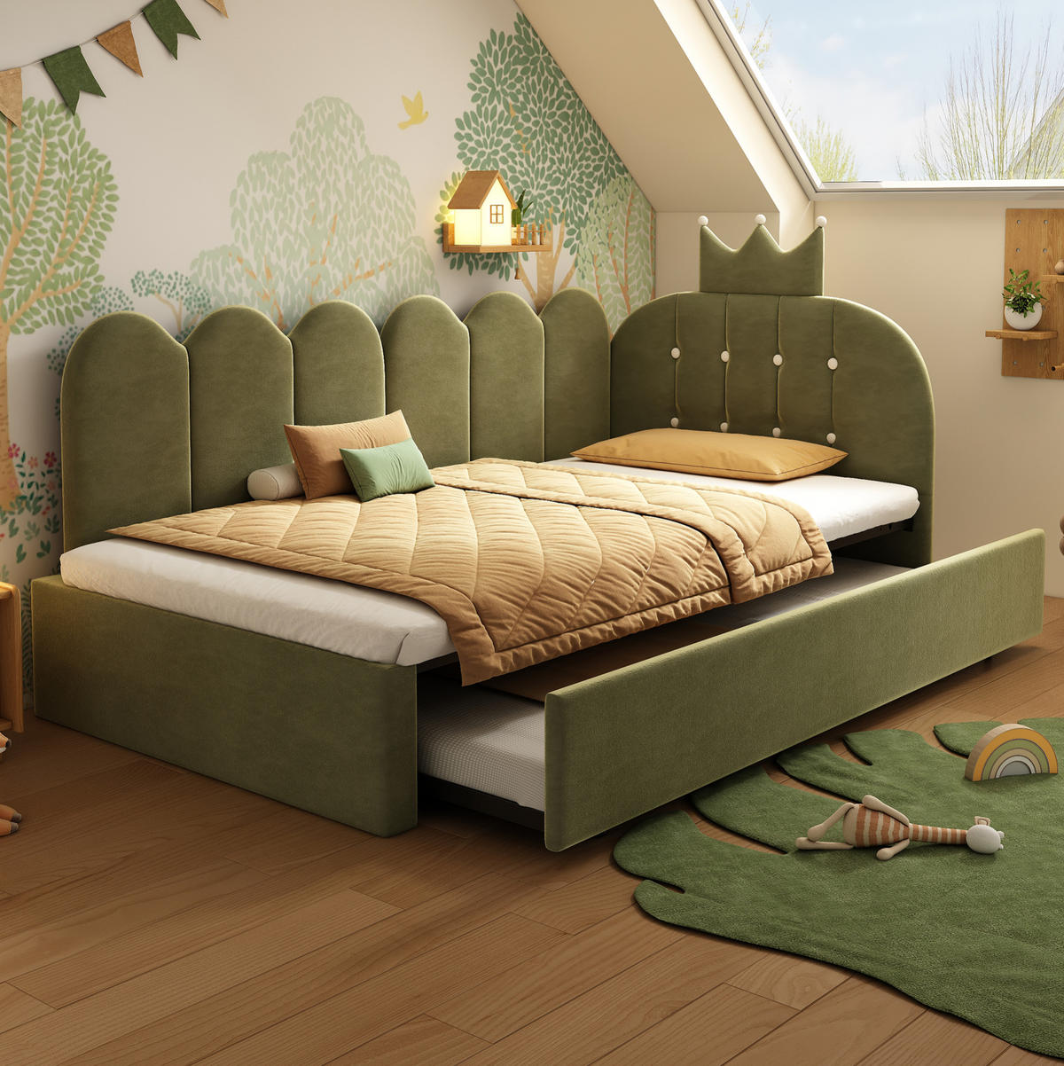 KINDERBETT Polsterbett 90/200 cm aus Samt mit ausziehbarem Gästebett Grün - Grün, Textil (90/200cm) - Modenvie