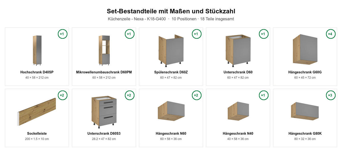 KÜCHENZEILE Nexa Grau & Woodline – 400 cm – K18-G400 - Hellbraun/Grau, Holzwerkstoff (400/248/58cm) - ROYAL24_MARKT