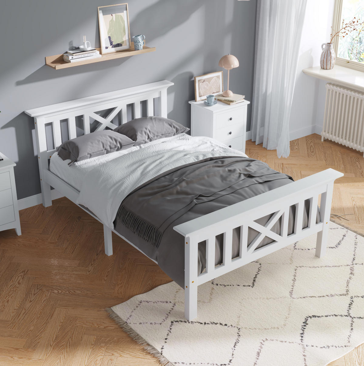 EINZELBETT 90/200 cm mit Lattenrost und X-förmigem Kopfteil, Weiß - Weiß, Holzwerkstoff (90/200cm) - Redom