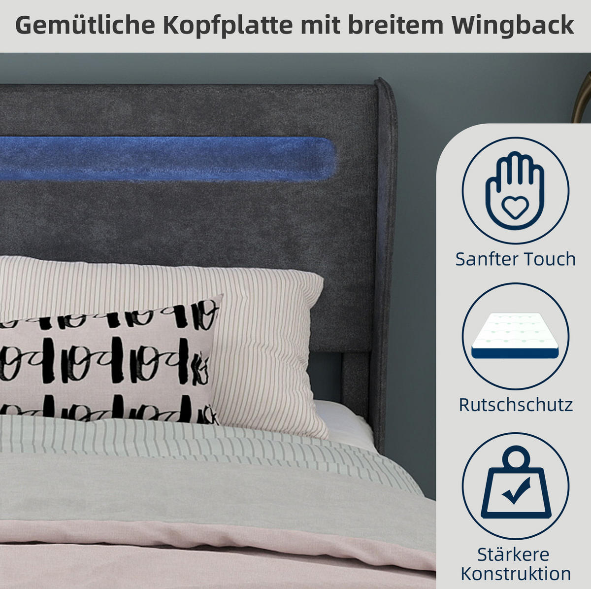 ČALÚNENÁ posteľ 140/200 cm s nastaviteľným čelom a LED osvetlením, Sivá - sivá, textil (140/200cm) - Redom