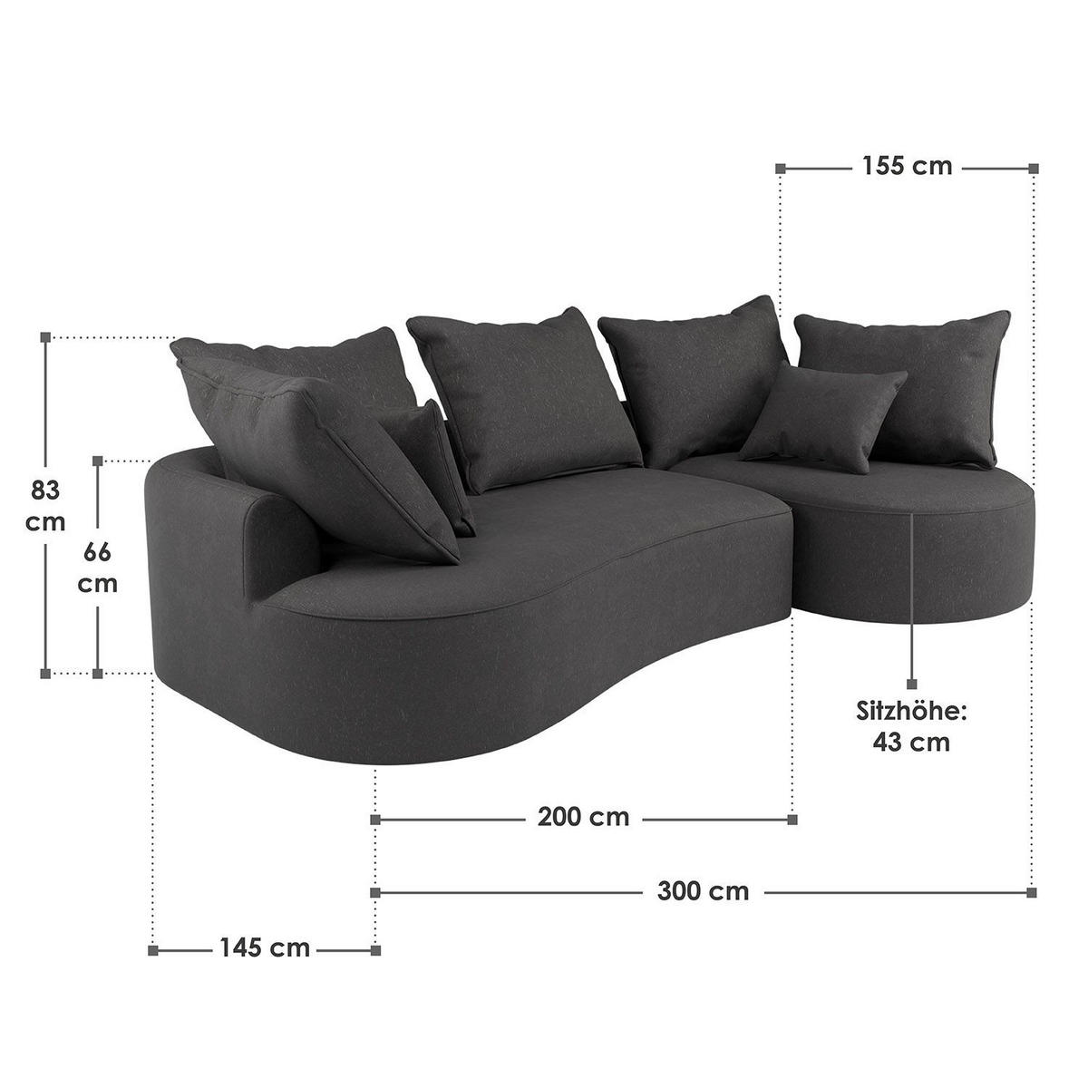 SOFA Tirano Samt Dunkelgrau mit Ottomane rechts - Dunkelgrau, Textil (300/102cm) - Juskys