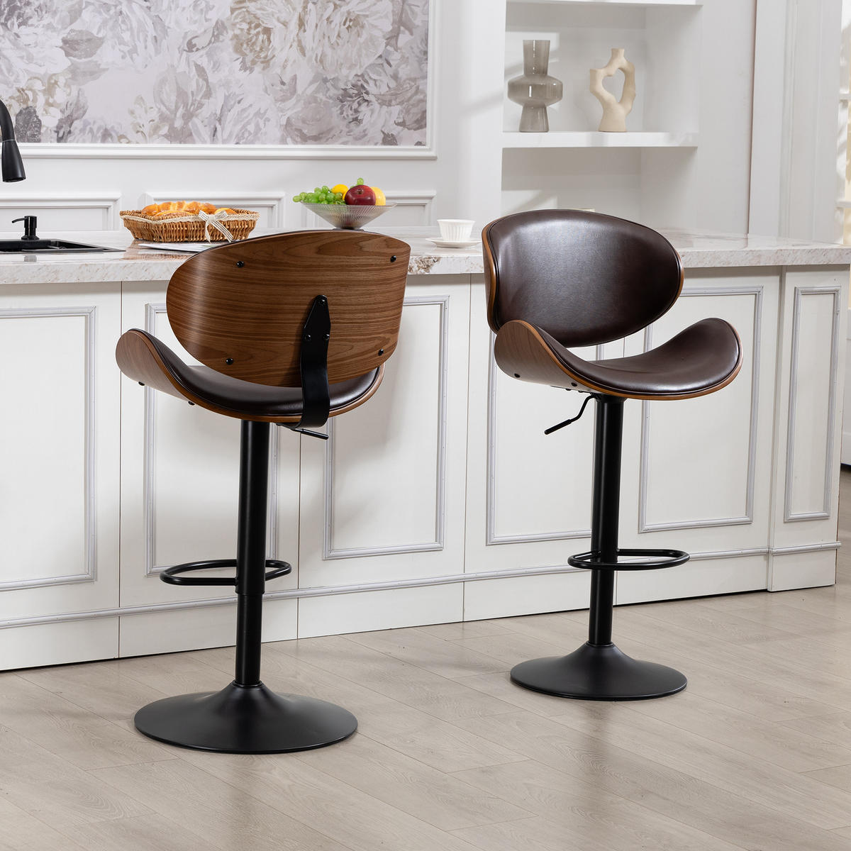 BARHOCKER 2er-Set drehbar, höhenverstellbar mit PU-Sitz, Braun - Braun, Kunststoff (51/93/50cm)