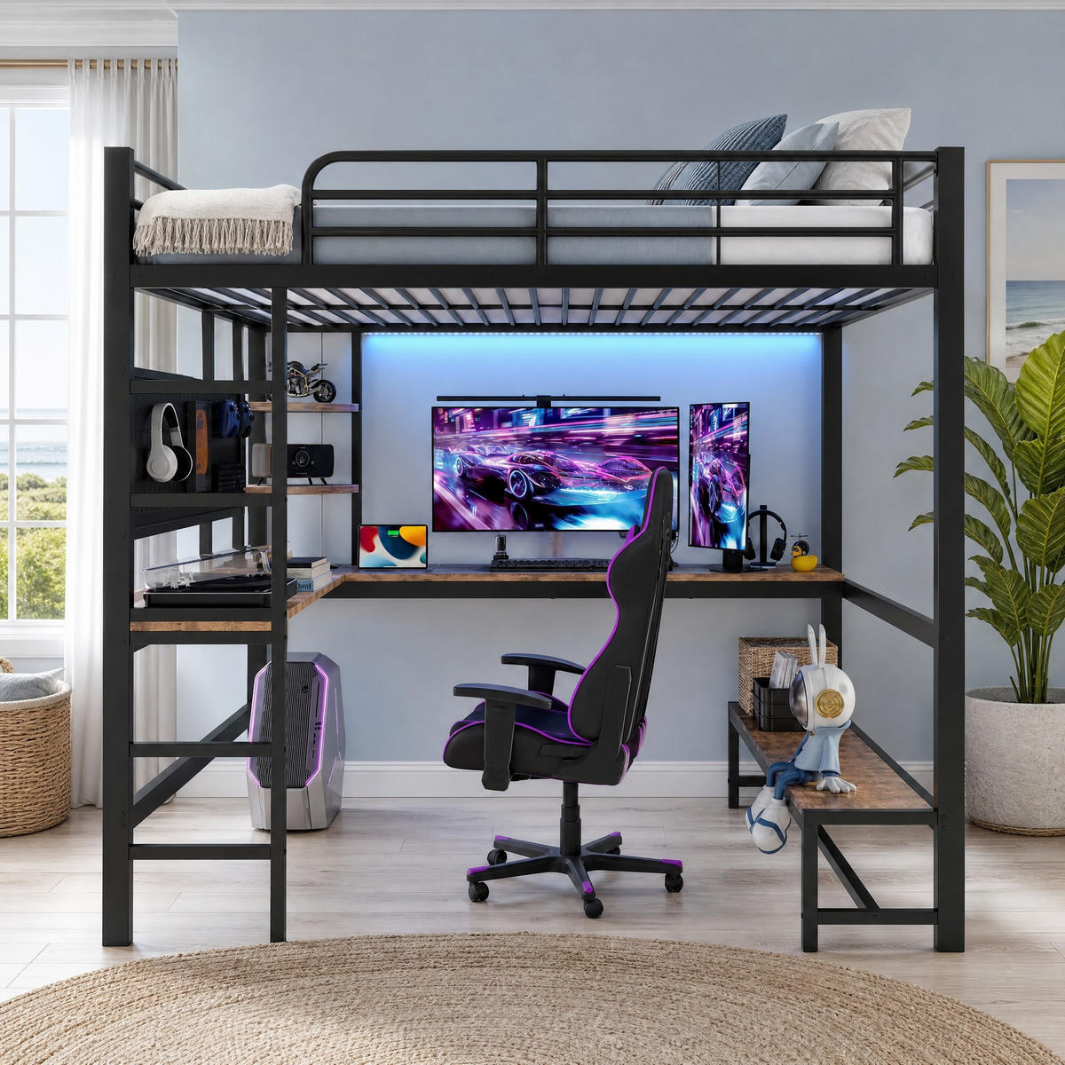 HOCHBETT 140/200 mit LED USB Type-C und Schreibtisch in Schwarz - Schwarz, Holz/Holzwerkstoff (140/200cm) - EVRYAE