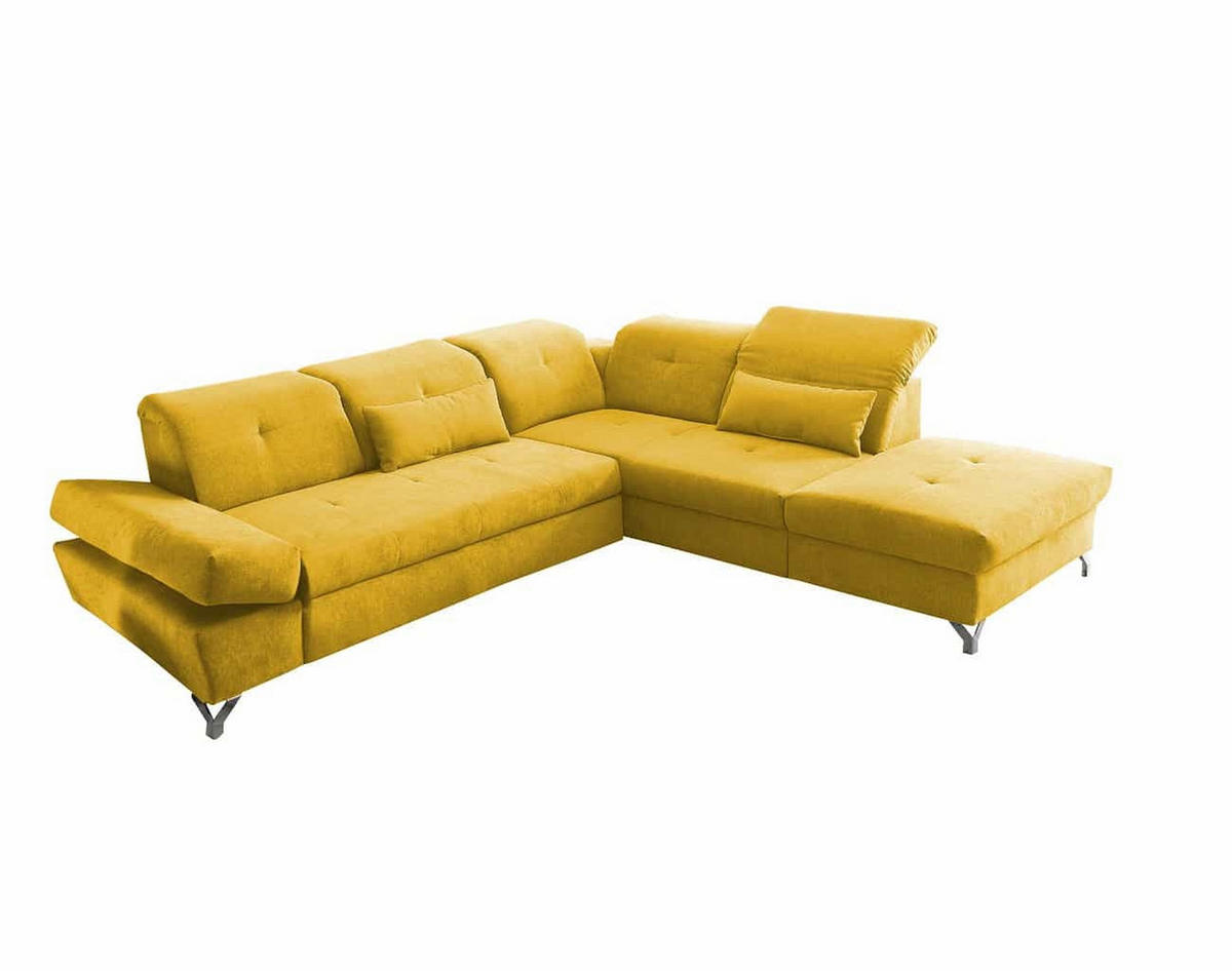 ECKSOFA mit Schlaffunktion und verstellbaren Kopflehnen - Chromfarben/Gelb, Textil/Metall (245/275cm) - ed exciting design