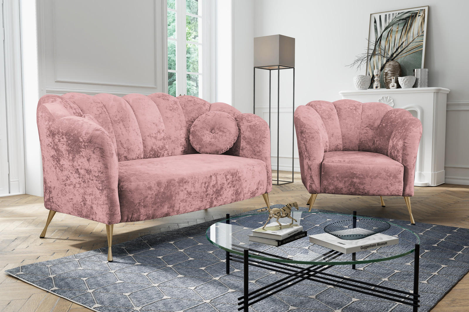 SITZGARNITUR Adria 2+1 - Dunkelrosa/Goldfarben, Holzwerkstoff/Textil (242/78/83cm) - Ravio