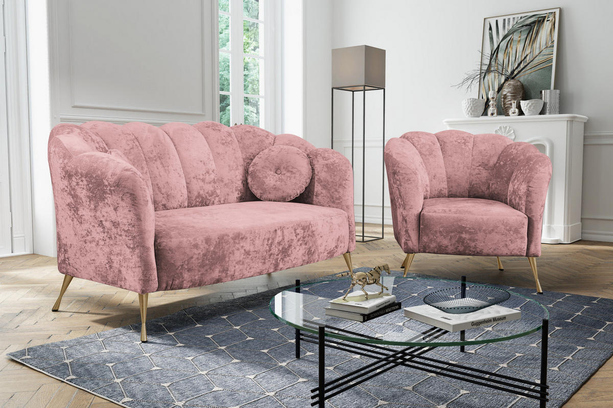SITZGARNITUR Adria 2+1 - Dunkelrosa/Goldfarben, Holzwerkstoff/Textil (242/78/83cm) - Ravio