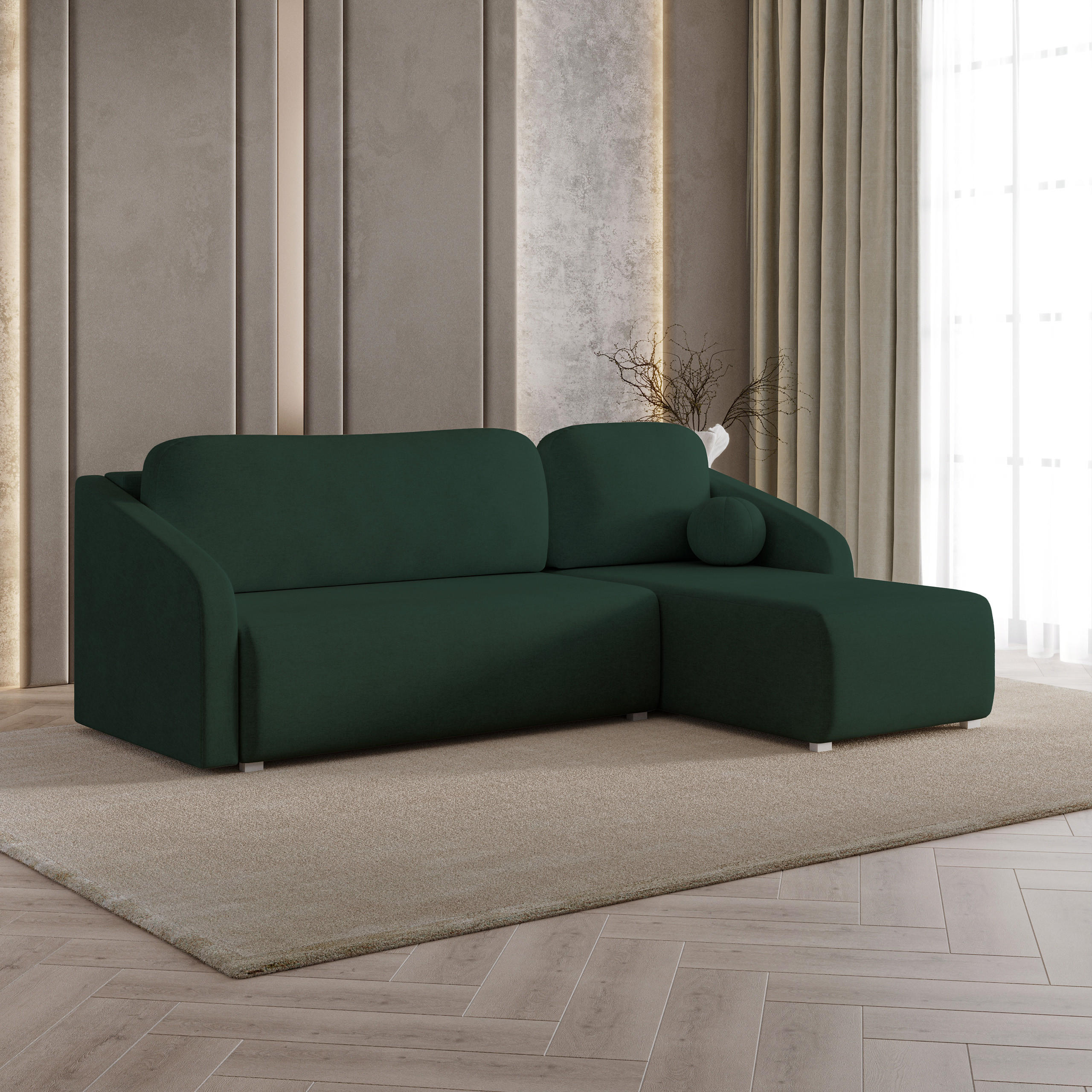 ECKSOFA MARELLO Grün Geflochtener Stoff mit Schlaffunktion - Grün, Holz (220/143cm) - MASSENO
