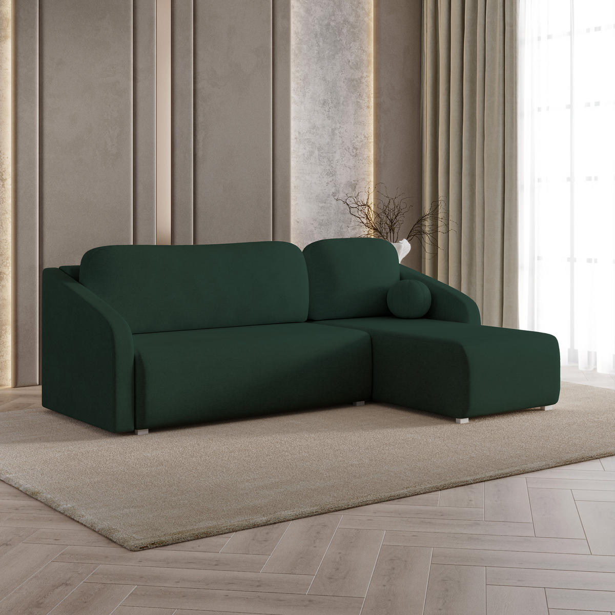 ECKSOFA MARELLO Grün Geflochtener Stoff mit Schlaffunktion - Grün, Holz (220/143cm) - MASSENO