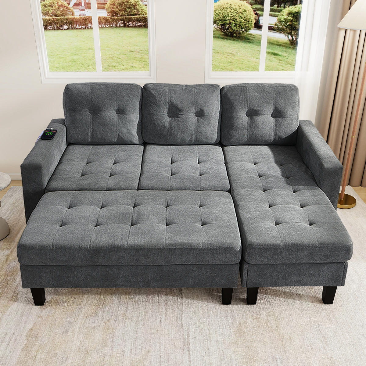 SCHLAFSOFA 185/135/85 cm Antikgrau mit beweglicher Fußbank und LED-Ambiente-Beleuchtung - Dunkelgrau, Textil (185/85/135cm) - Oxeza