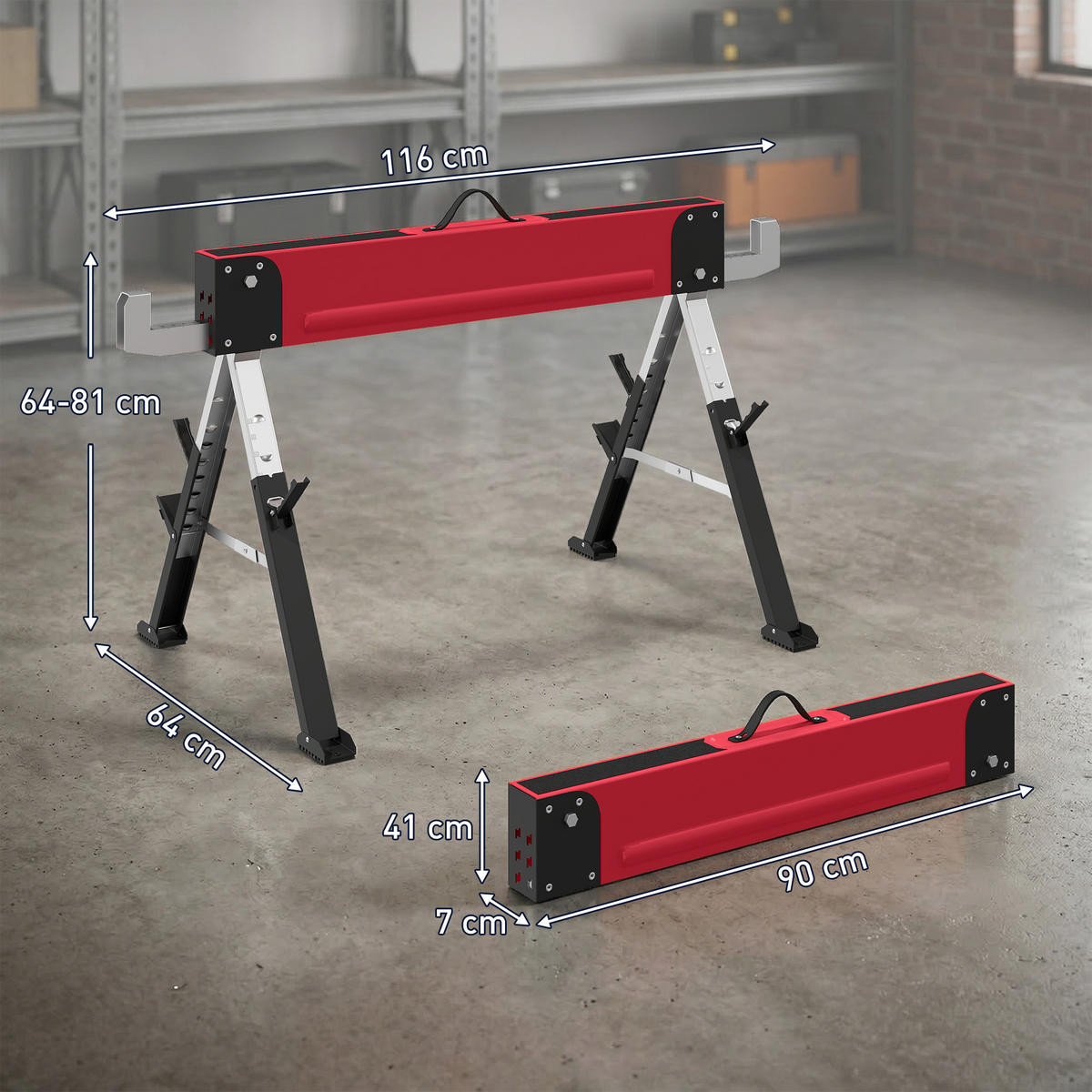 SÄGEBOCK 2er Set Metall EVA Rot - Rot, Metall (116/64/81cm) - HOMCOM