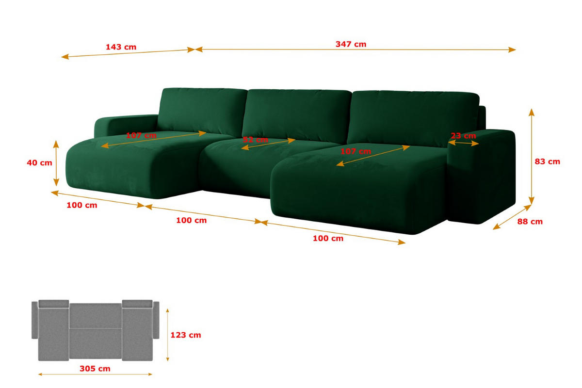 WOHNLANDSCHAFT mit Schlaffunktion und Bettkasten KLEEA-U - 347x143x83 cm Grün Velours - Schwarz/Grün, Holzwerkstoff/Kunststoff (347/83/143cm) - ALTDECOR