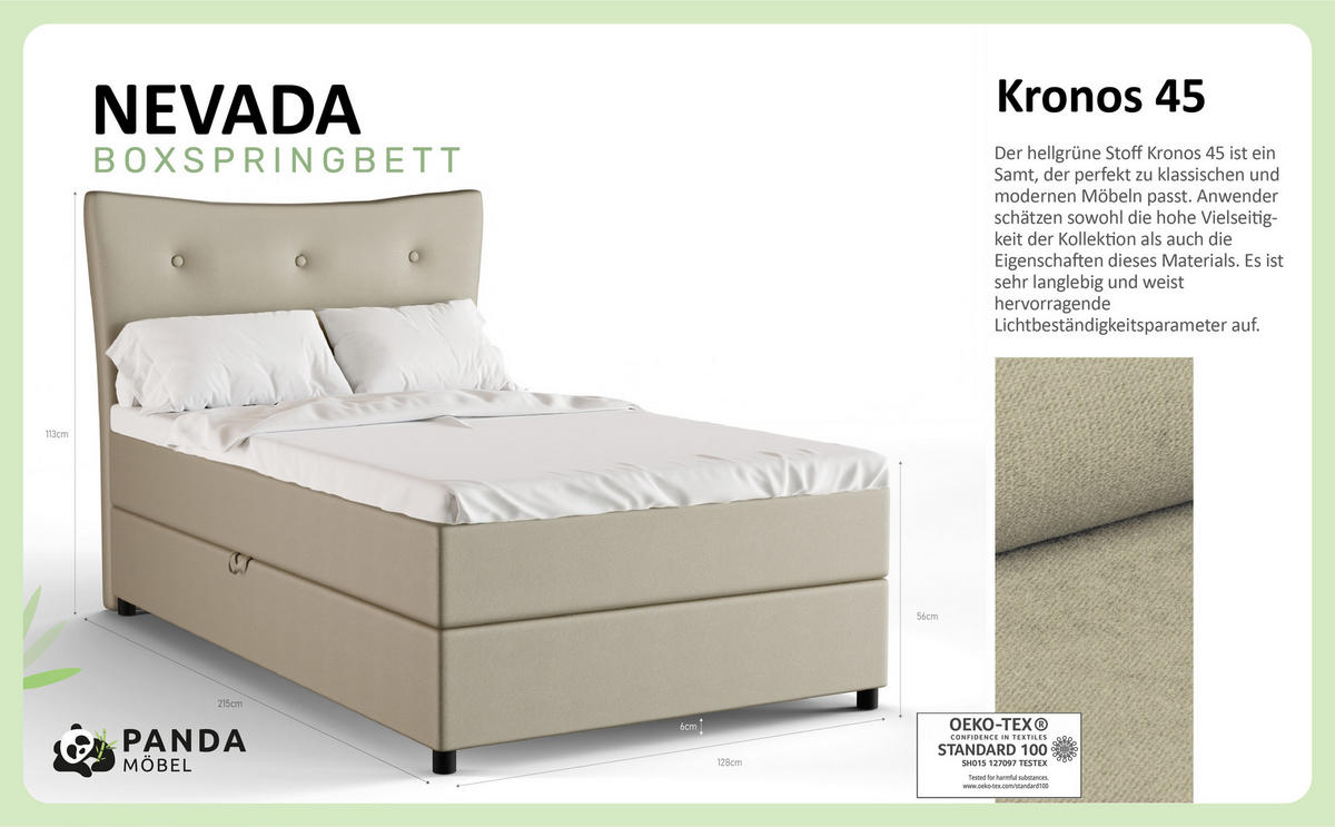 BOXBETT Nevada 120x200 cm Polsterbett mit hochwertiger Bonell-Matratze und Topper - ecru - Ecru, Holz (120/200cm) - Panda Möbel