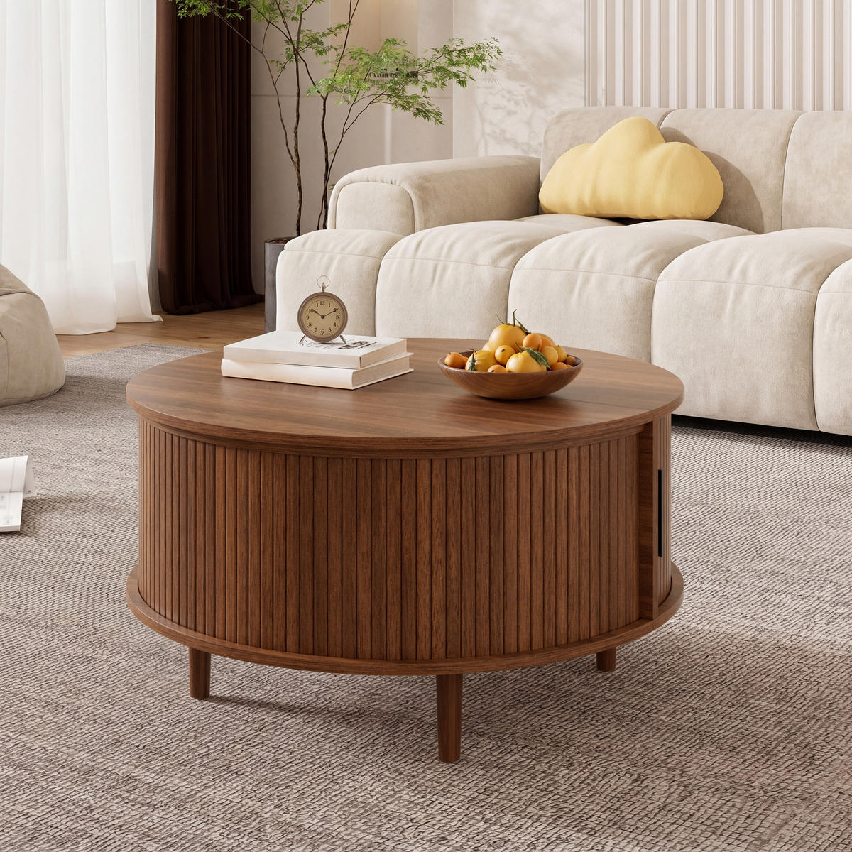 COUCHTISCH in Holzoptik Runder Wohnzimmertisch mit höhenverstellbar Stauraum und Schiebetür, 80 B / 80 T / 59 H(cm) - Dunkelbraun, Holzwerkstoff (80/80/59cm) - STILVORA