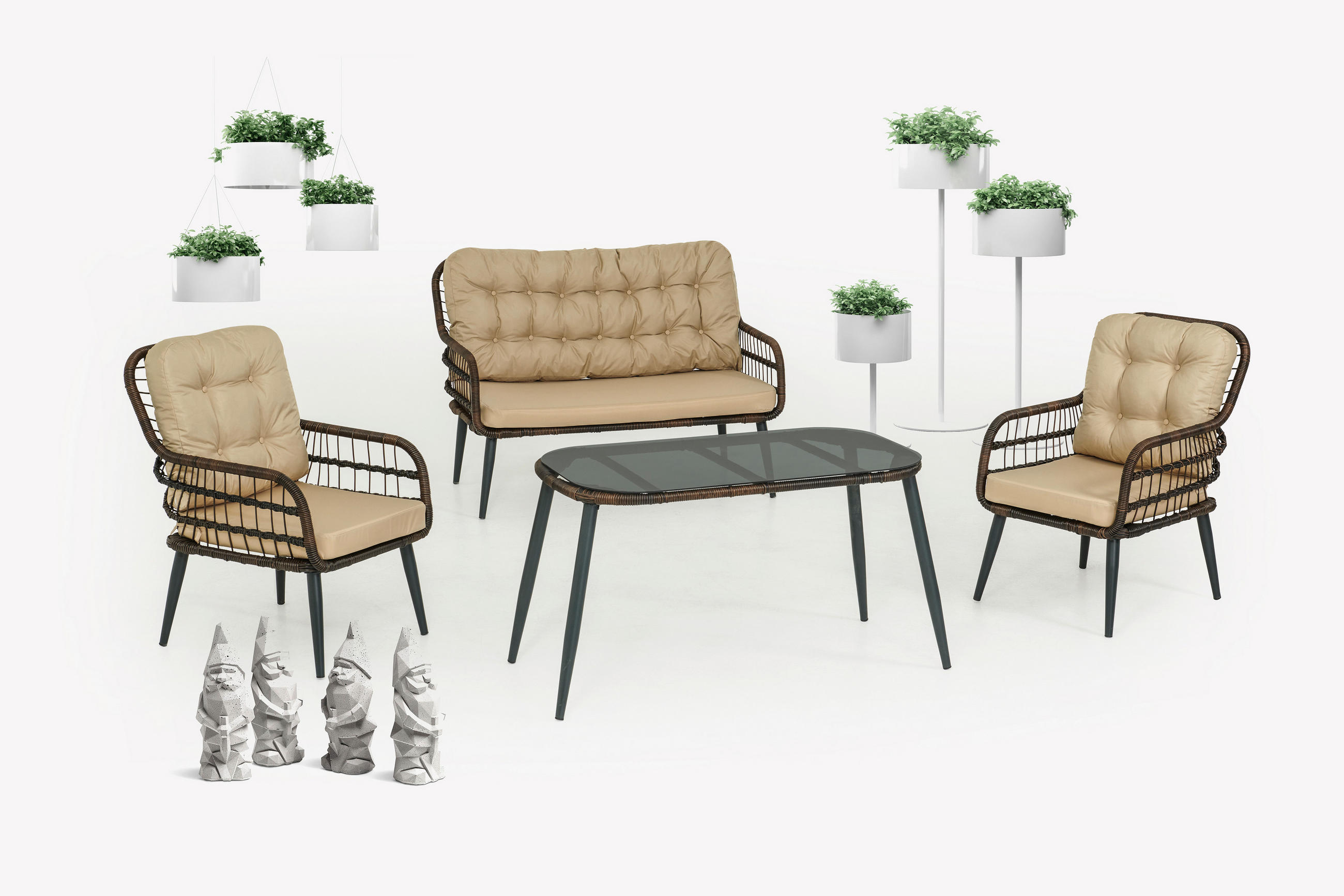 GARTENGARNITÜR Rattan Gartenlounge PISA - Braun, Metall - Gowoll