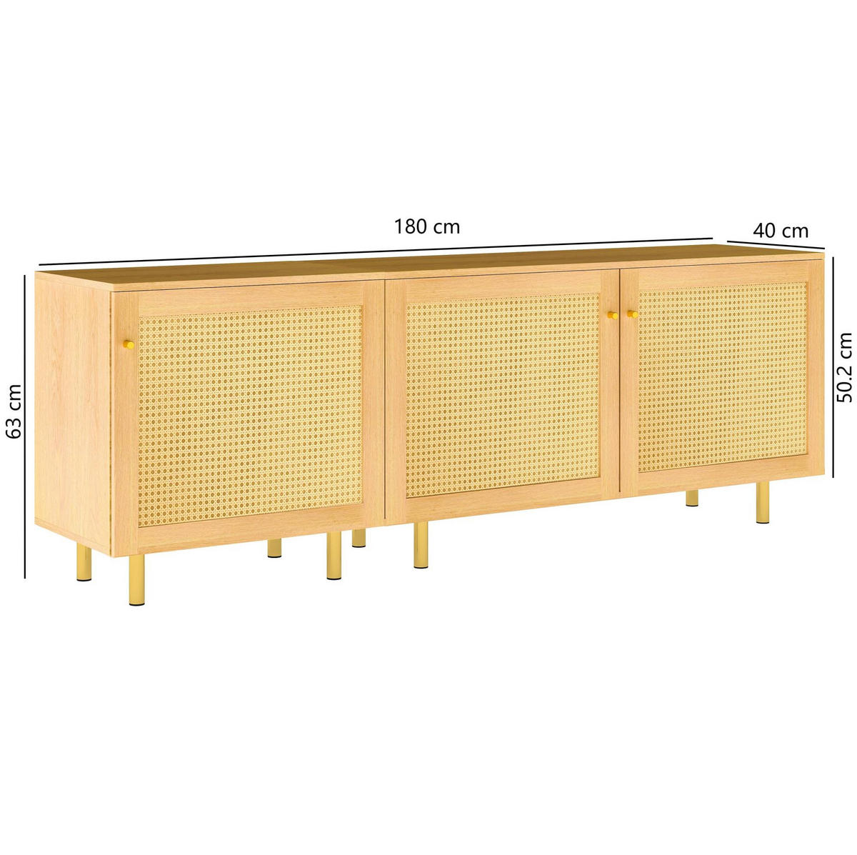 SIDEBOARD 180/40/63 cm mit 3 Türen in Naturholzoptik und goldfarbenen Griffen - Naturfarben, Holzwerkstoff (180/63/40cm) - BEAOK