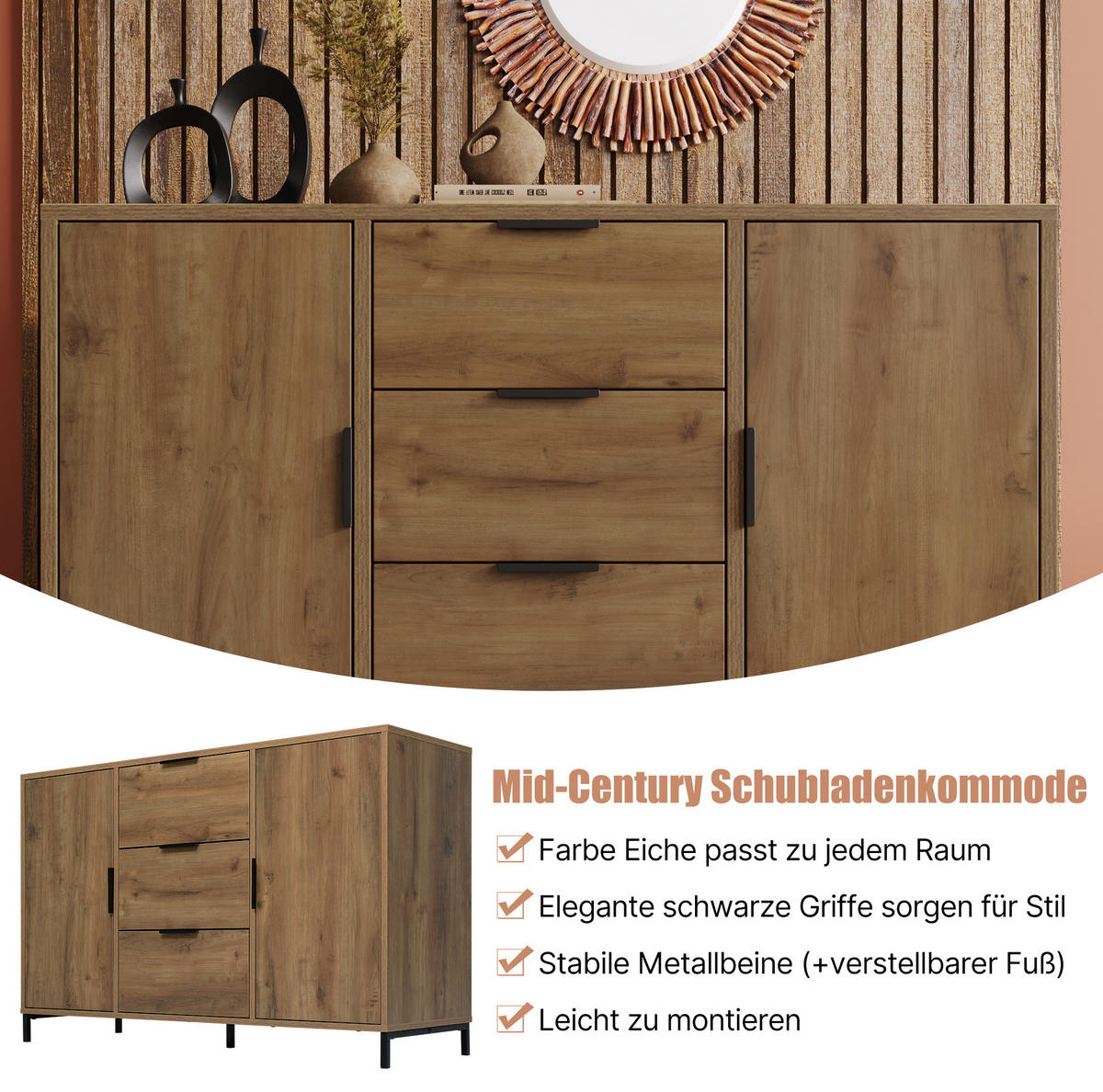 KOMMODE 120/40/76 cm in Dunkle Eiche mit 2 Türen, 3 Schubladen und Metallgestell - Nussbaumfarben, Holzwerkstoff (120/76/40cm) - Flora Grace