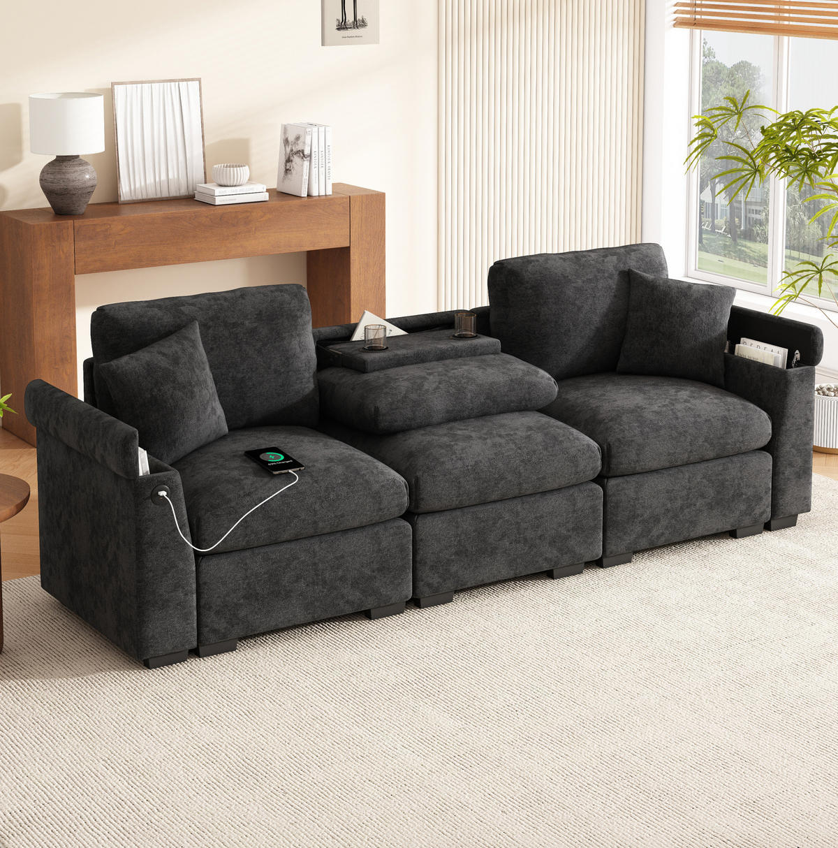 POHOVKA z chenillu, 242/80/88 cm sivá, s USB, sklápacím stolíkom a úložným priestorom - sivá, textil (80/88/242cm) - BEAOK