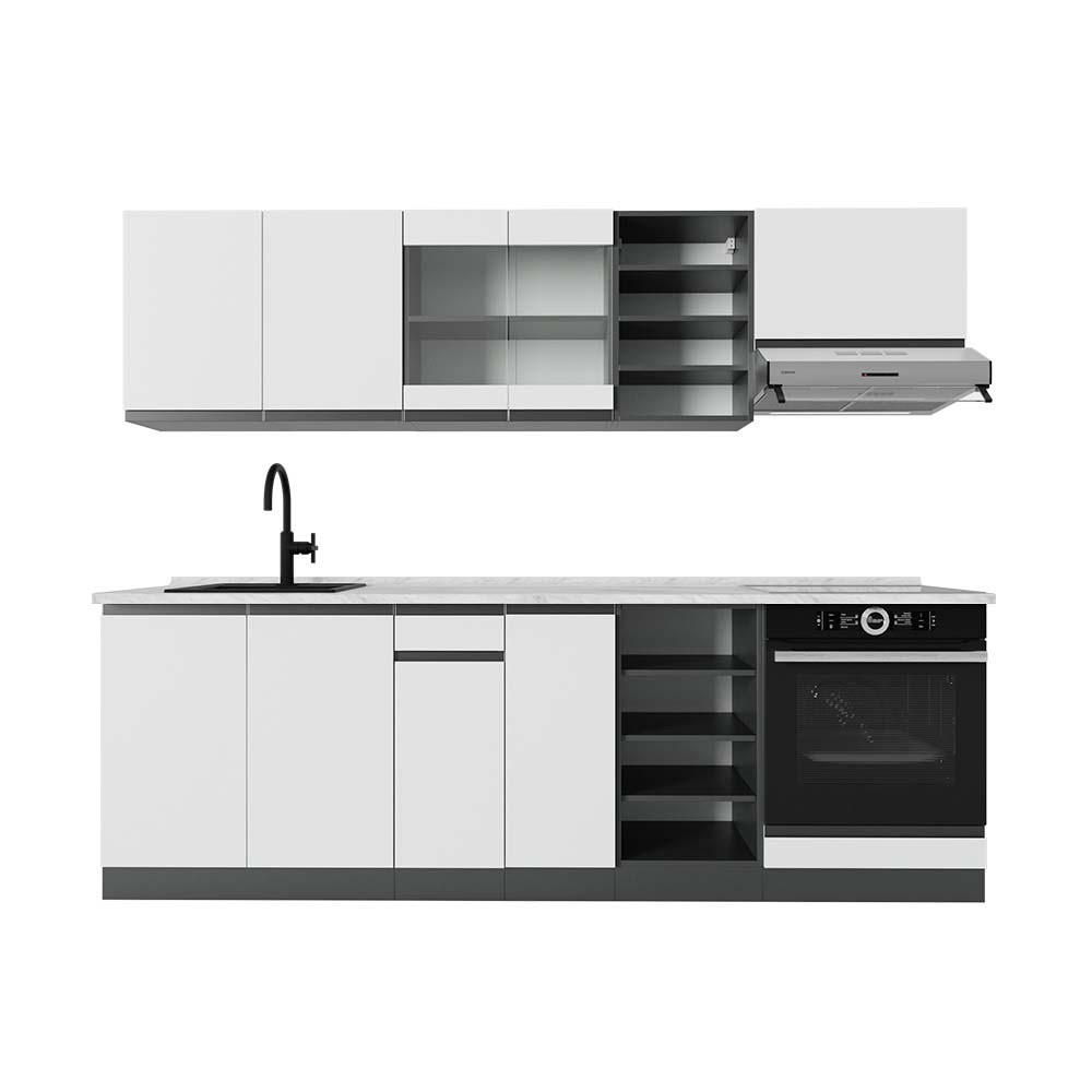 KÜCHENZEILE R-Line Weiß/Anthrazit 240 cm J-Shape, AP Marmor - Anthrazit/Weiß, Holzwerkstoff (240/206.8/60cm) - Vicco