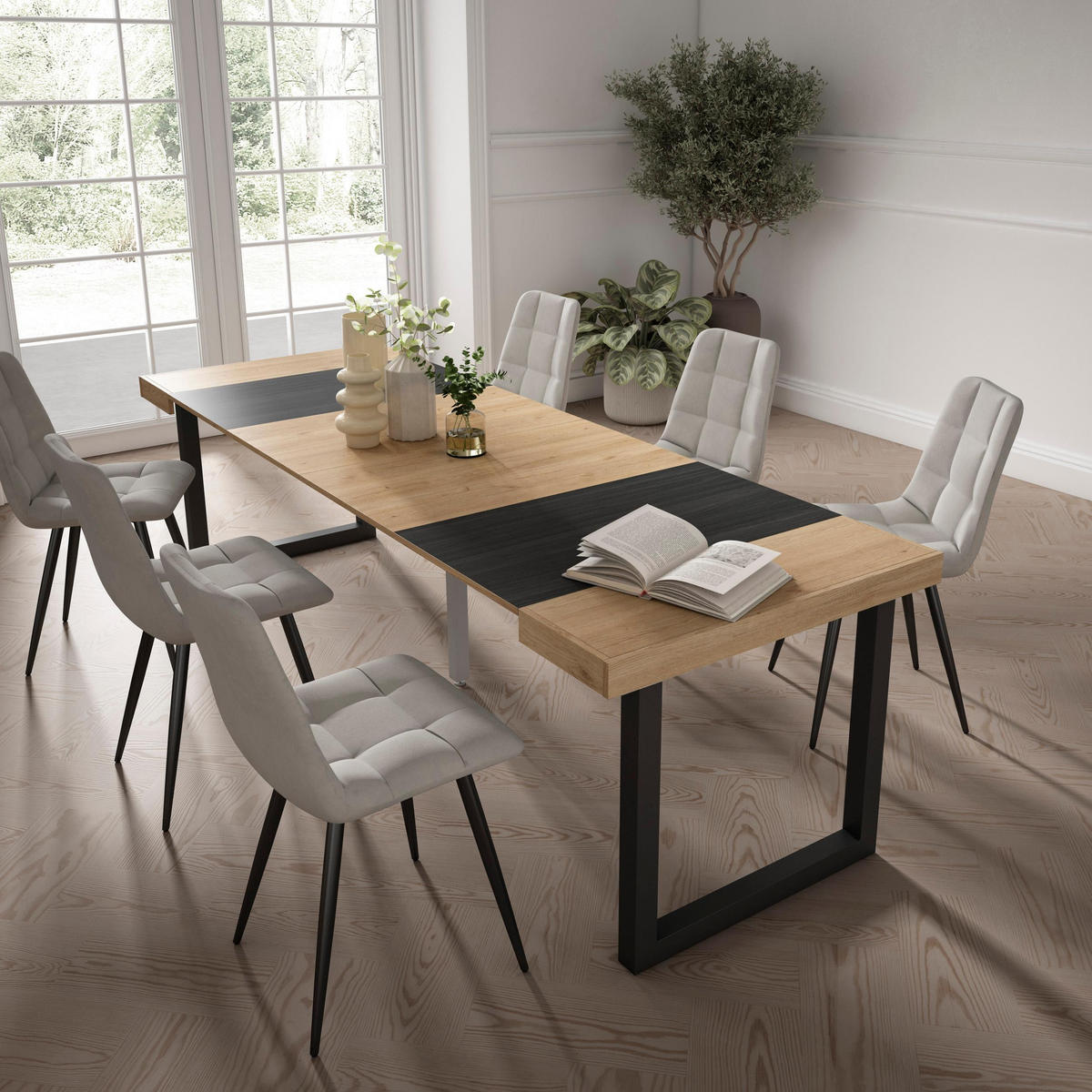 KONSOLENTISCH ausziehbar 58 bis 262cm, für 12 Gäste, eiche, schwarz, 90/58/73cm - Eichefarben/Schwarz, Holzwerkstoff (90/262/73cm) - Skraut Home