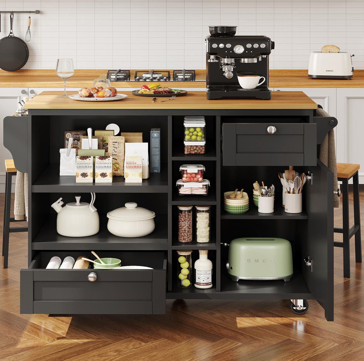 MOBILER Küchenschrank 129x46x96cm Schwarz mit Holzmaserung,Schubladen,Türen - Schwarz, Holzwerkstoff (139/92/46cm) - Modfu
