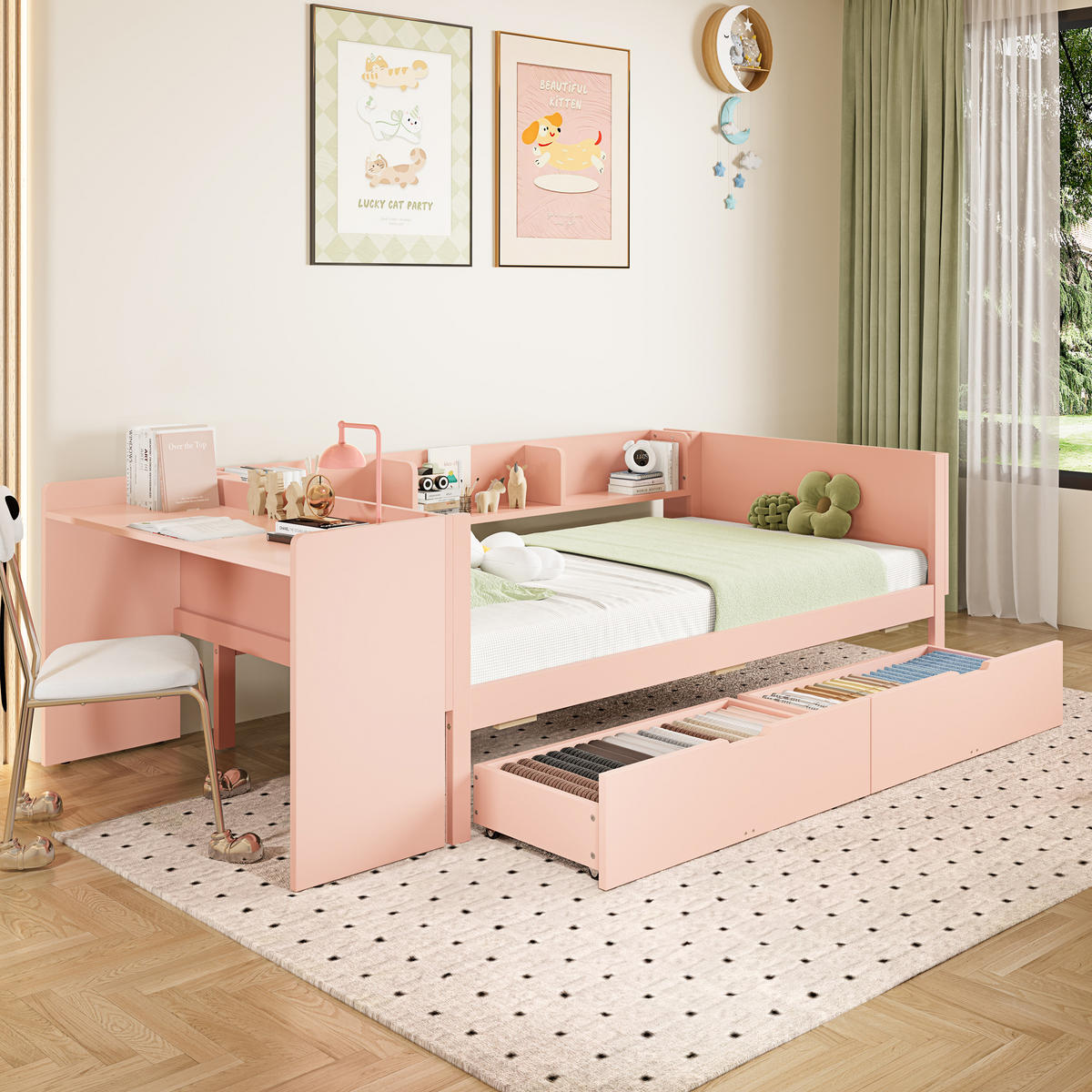 HOLZBETT 90/200 cm DE-04764, mit Schreibtisch, 2 Schubladen und Regalen in Rosa - Pink, Holz/Holzwerkstoff (90/200cm) - ComfortXL
