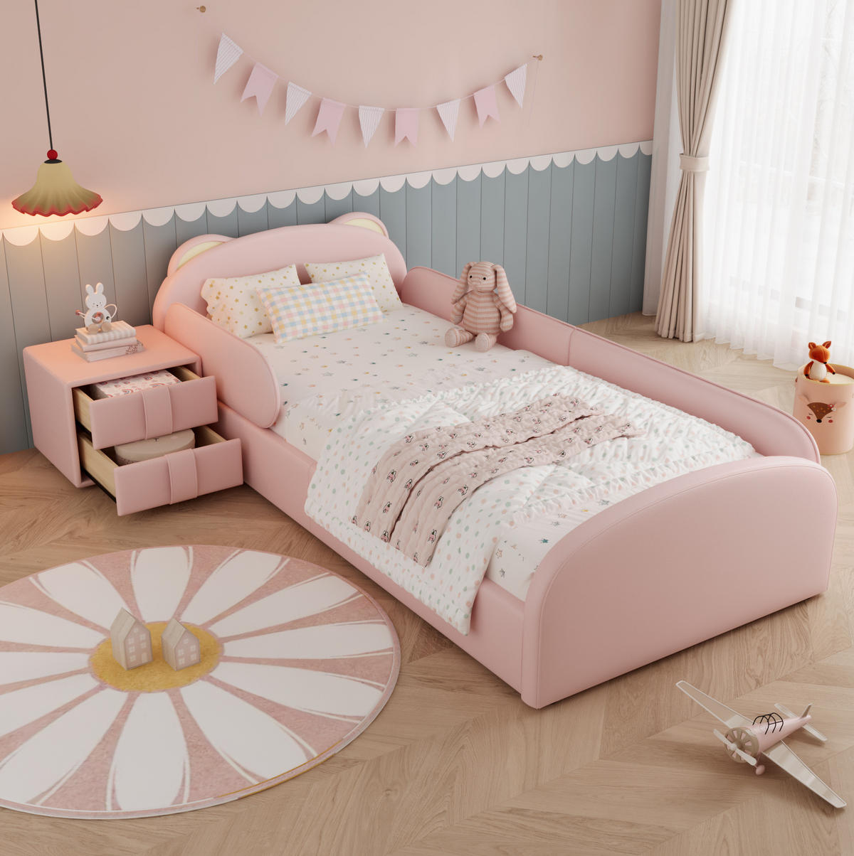 KINDERBETT 90/200 cm in Rosa mit Bären-Kopfteil und Nachttisch - Rosa, Textil (90/200cm) - BEAOK