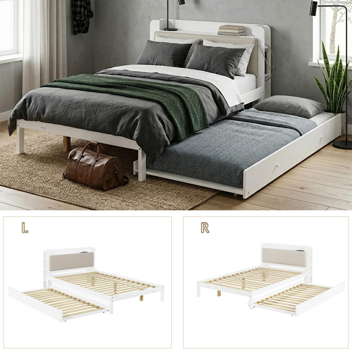 AUSZIEHBETT 120/200 cm DE-32715 mit Ladestation Weiß - Weiß, Holz (120/200cm) - ComfortXL