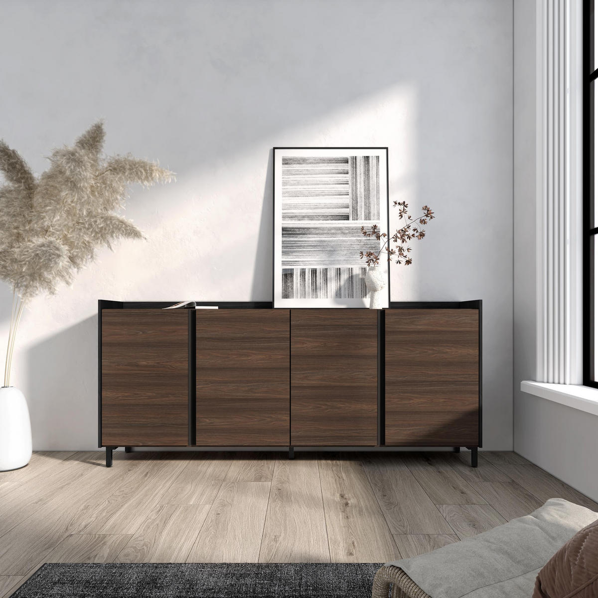 SIDEBOARD, Dunkler Eiche und Schwarz, 207/35/91cm, mit Beinen - Dunkelbraun, Holzwerkstoff (207/91/35cm) - Skraut Home