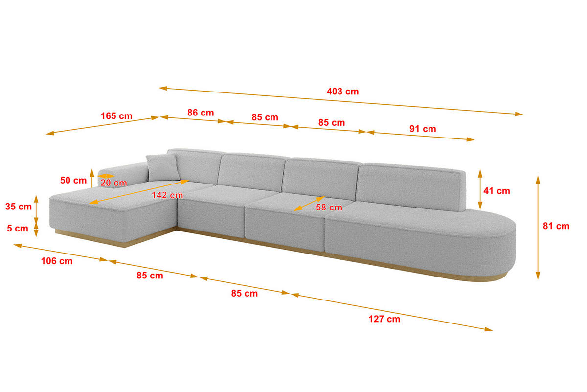 ECKSOFA Ottomane Links IREA-L3-v2 - 403x165x81 cm Hellgrau - Hellgrau, Holzwerkstoff/Textil (403/165cm) - ALTDECOR
