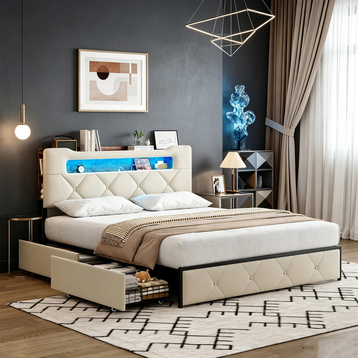 POLSTERBETT 140x200, jugendbett mit 4 Schubladen, LED, USB, Kopfteil, Lattenrost, samt, beige - Beige, Holzwerkstoff/Textil (140/200cm) - GENKI LIVING