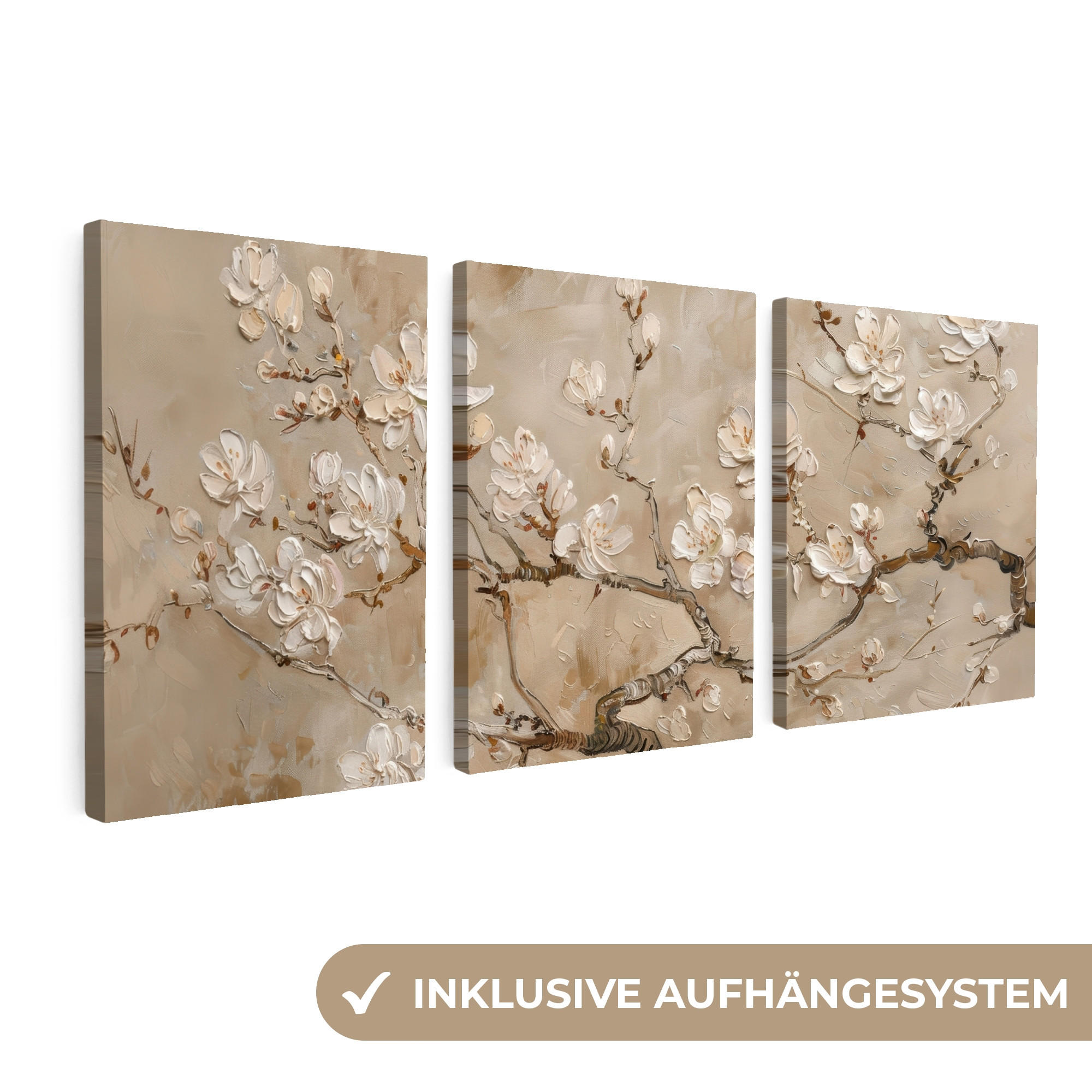 SLIKA NA PLATNU Set od 3 dijela Bademov cvijet 90x40 cm - sivo-bež, tekstil (90/40cm) - MuchoWow