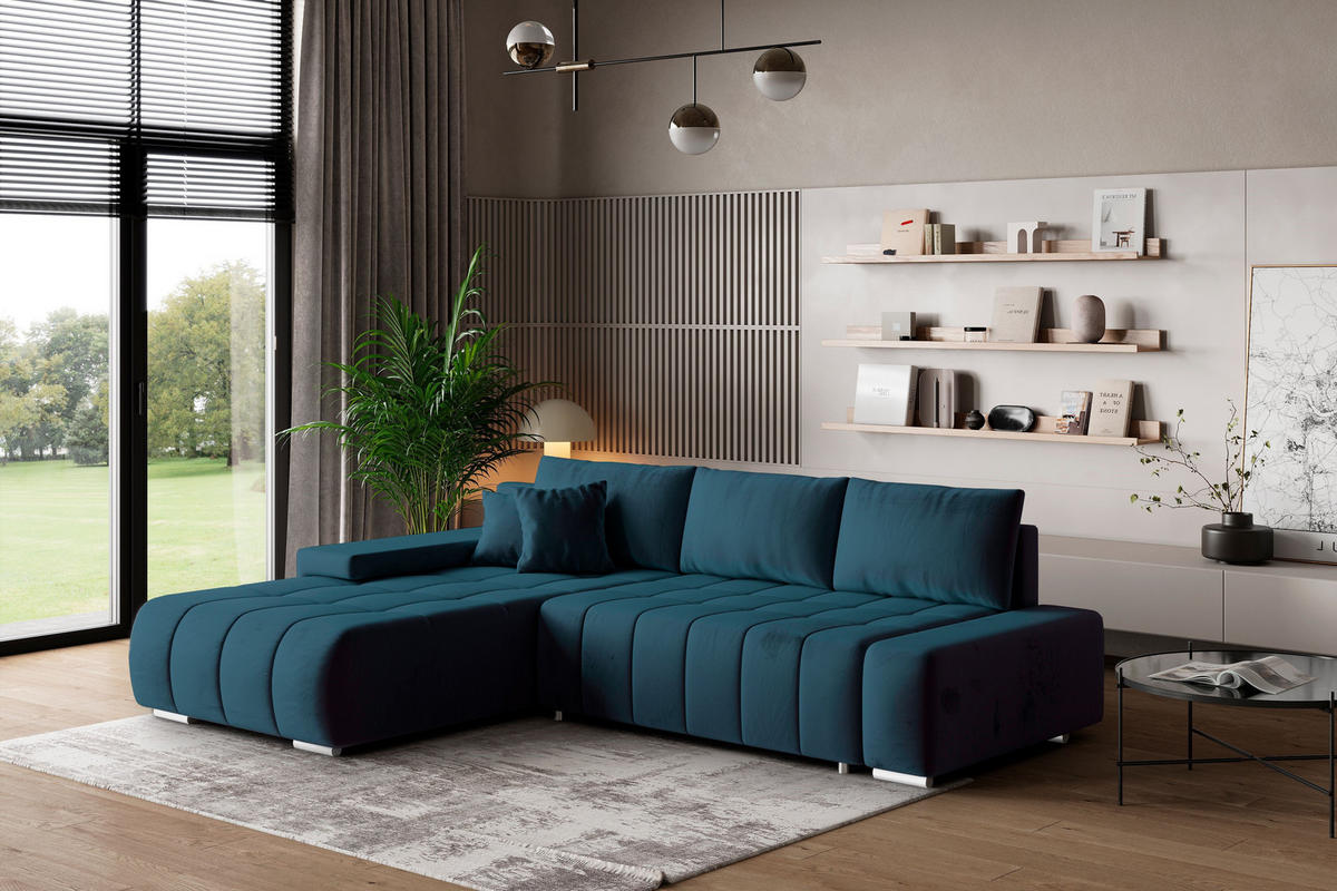 ECKSOFA ALESE L-S Blau Velours-Stoff mit Schlaffunktion - Blau, Holz (265/185cm) - MASSENO