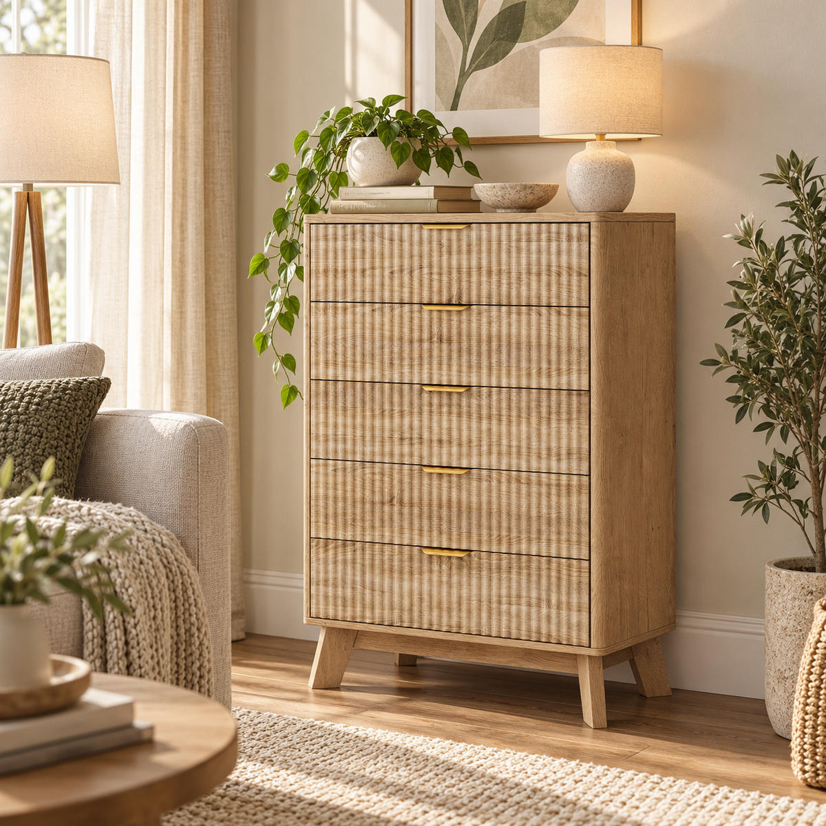 KOMMODE mit vertikaler Rillenfront, 5 Schubladen Stauraum, Eiche hell, 40/73/108cm - Eichefarben, Holz (73/108/40cm) - Joyfair