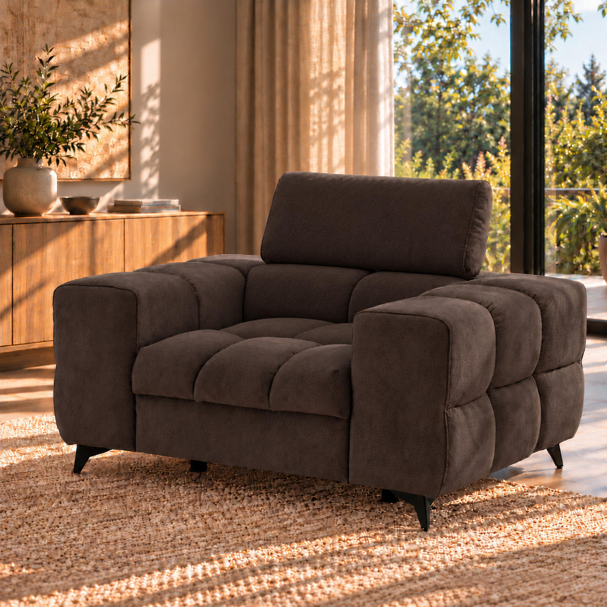 SESSEL PUDDING mit verstellbare Kopfstütze Velours Dunkelbraun - Dunkelbraun/Schwarz, Holz/Textil (140/93/100cm) - Muffo