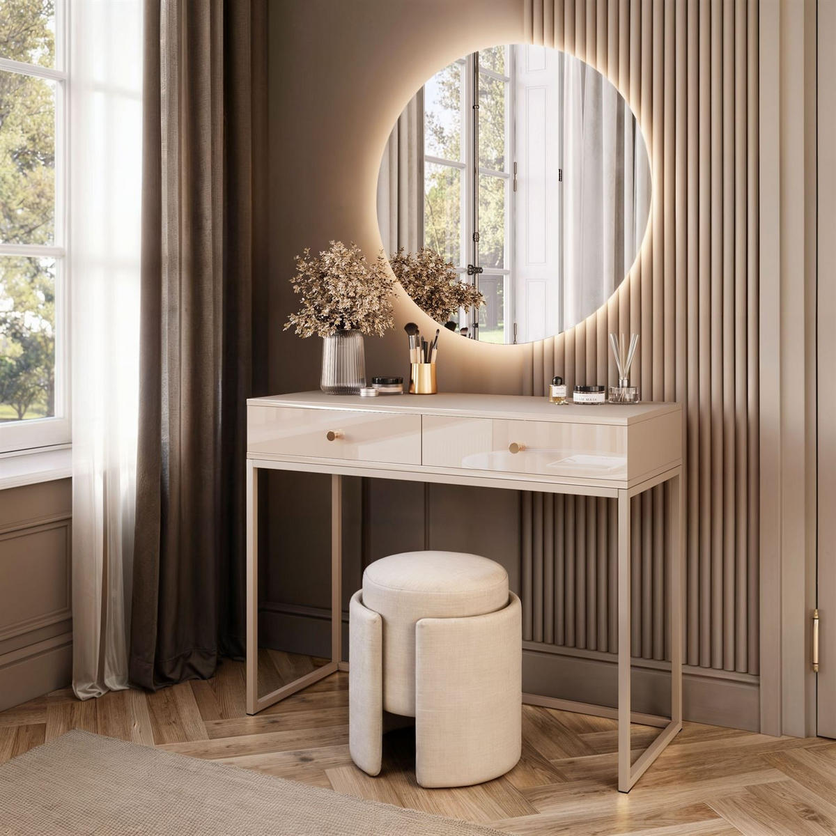 SCHMINKTISCH Blanco Glamour auf Kaschmir-Gestell mit LED-Spiegel goldener Griff - Kaschmir, Holzwerkstoff (100/81/42cm) - Lookway