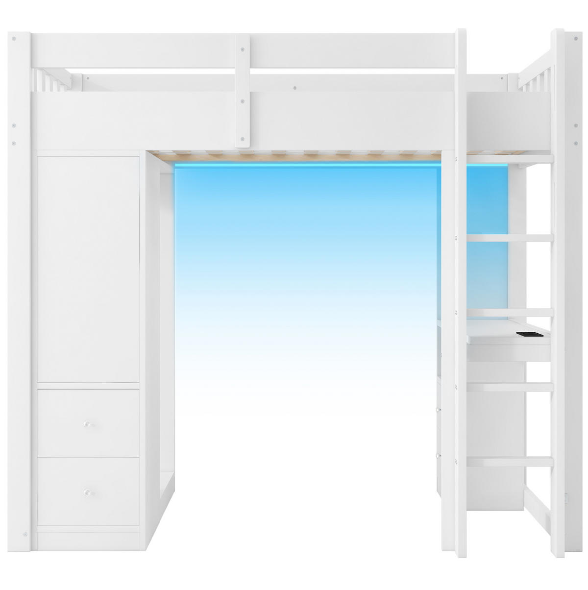 HOCHBETT 90/200 cm aus Massivholz und MDF mit Schreibtisch, LED, USB, 4 Schubladen und Kleiderschrank, Weiß - Weiß, Holzwerkstoff (90/200cm) - Redom