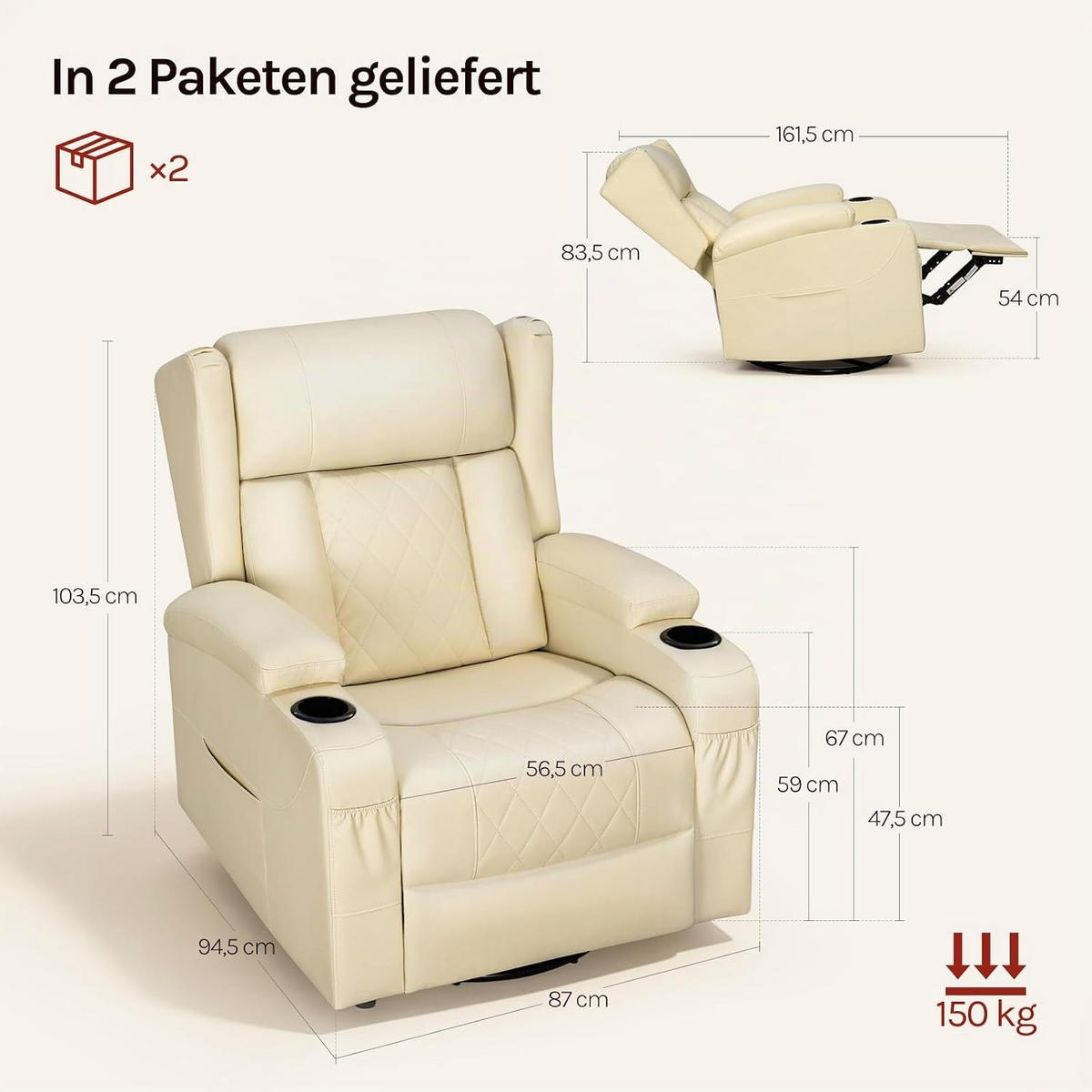 RELAXSESSEL mit Liegefunktion, drehbar, Kunstleder, Beige - Beige, Kunststoff (87/103.5/94.5cm) - Woltu