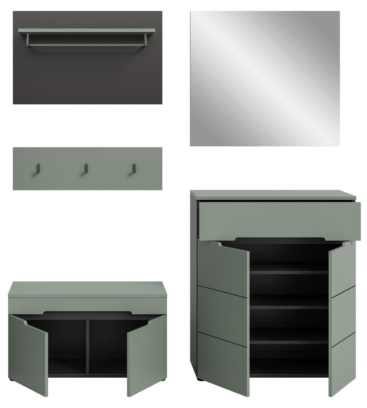 GARDEROBE SET 5-teilig in Salbei Grün und Basalt Grau 175 cm, Soft-Close Cooper - Salbeigrün/Schwarz, Glas/Holzwerkstoff (175/190/37cm) - Inn.Furn