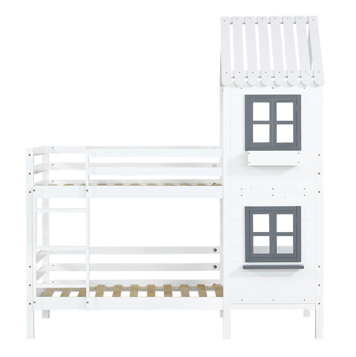 ETAGENBETT Hausbett mit Fenster und Leiter, Weiß, Kiefer/MDF, 90/200 cm - Weiß, Holz (90/200cm) - MIVRAY