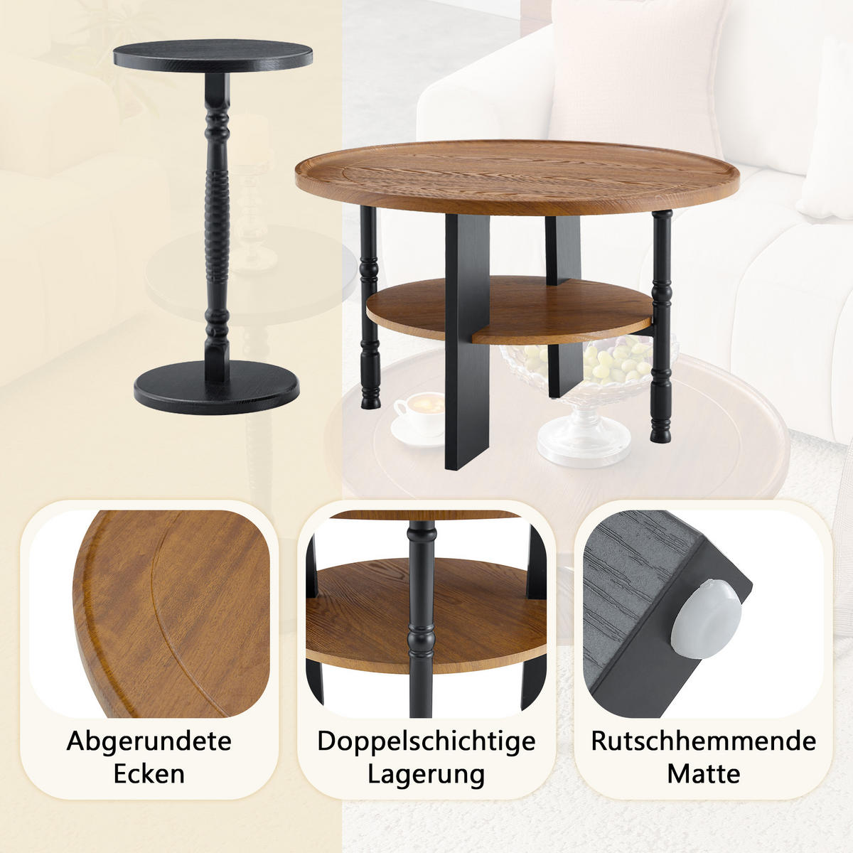 COUCHTISCH-SET Walnuss/Schwarz 2er-Set - Walnussfarben, Holzwerkstoff (80/80/47cm) - PANGIVO