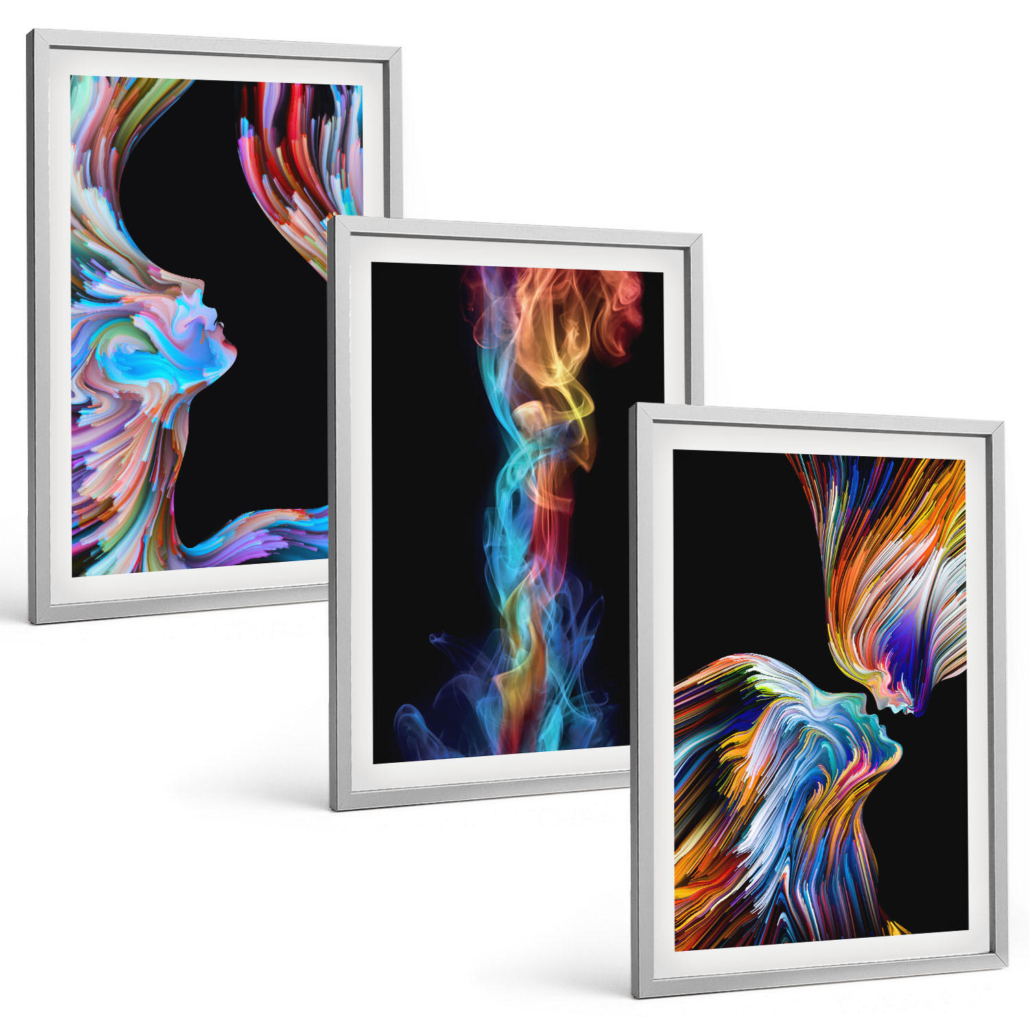 BILDER SET 3er Set - 40x60 cm Silberner Rahmen - Bunte abstrakte Gesichter - Silberfarben, Kunststoff (40/60cm) - TULUP