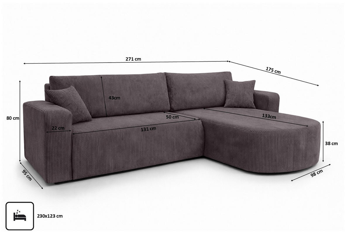 ECKSOFA Mit Schlaffunktion, Cordstoff Poso, Dunkelgrau, Rechts, ROUND ONE XL - Dunkelgrau, Holz (271/175cm) - Kaiser Möbel