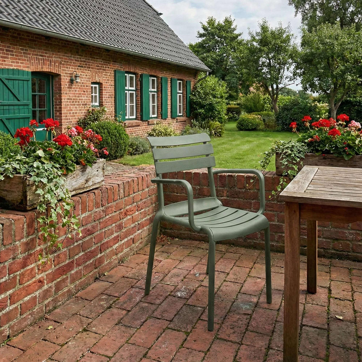 GARTENSTUHL Karl Armlehne 57x57x82cm Kunststoff Oliv Stapelstuhl - Olivgrün, Kunststoff (57/82/57cm) - DELUKE