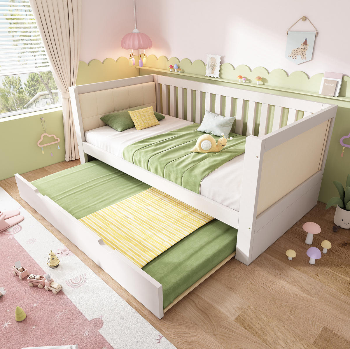 POLSTERBETT 90/200 cm Weiß aus Holz mit Ausziehbett - Weiß, Textil (90/200cm) - OKMYHOME