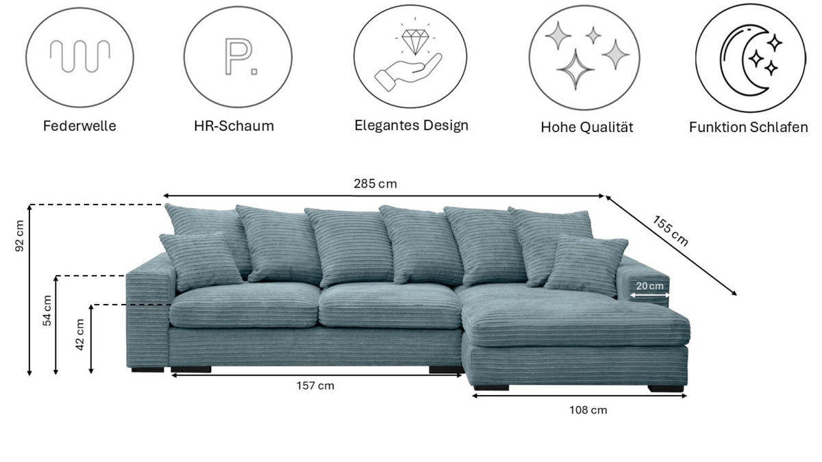 ECKSOFA Mit Schlaffunktion Und Bettkasten Couch L-form Gabon Stoff Zoom Hellblau Rechts - Hellblau, Holz (285/155cm) - Kaiser Möbel