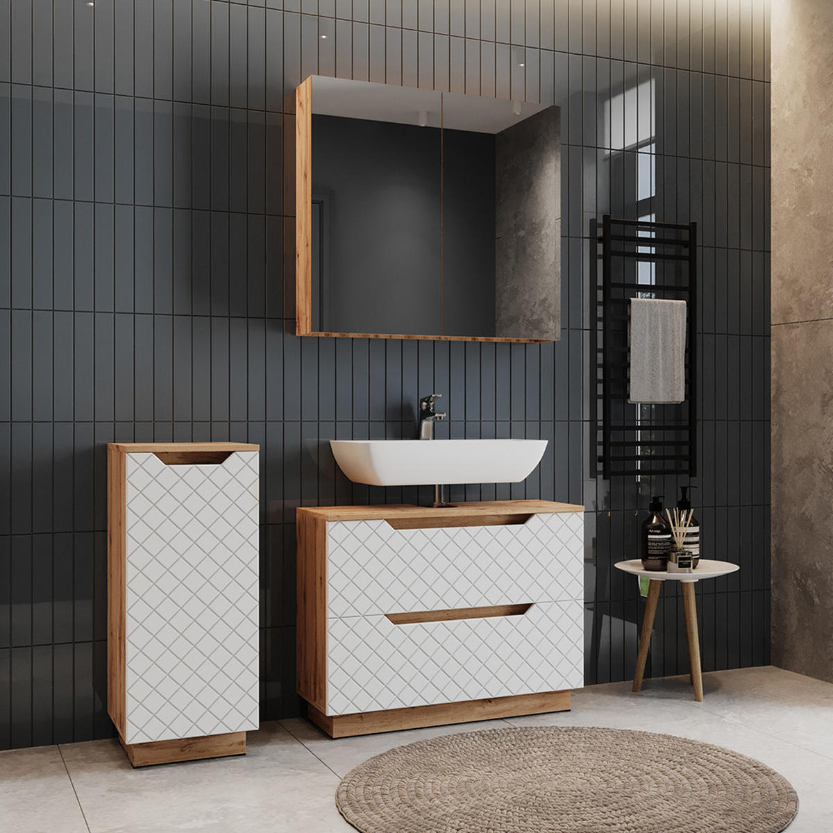 BADMÖBEL-SET Lotta Eiche/Weiß mit Kachelstruktur 3 Teile - Eichefarben/Weiß, Holzwerkstoff (79.6/62.5/32cm) - Vicco